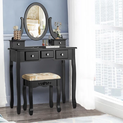 Tangkula Vanity Table Set W/ 360° Rotating Oval Mirror & Drawers Black/White 3 Tangkula Vanity Table Set W/ 360° Rotating Oval Mirror & Drawers Black/White