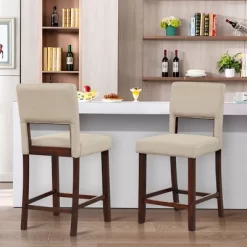 Tangkula 4-Piece Linen Fabric/PVC Leather Counter Height Bar Stool Set W/ Back & Rubber Wood Legs
