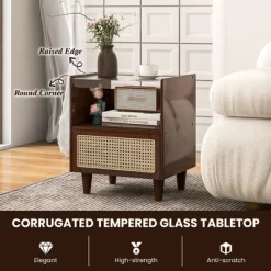 Tangkula Bamboo Rattan Nightstand Boho Bedside End Table W/ Drawer & Wood Legs -Tangkula GUEST f6b9c2af aa6e 46f9 9c43 304e76ccf865