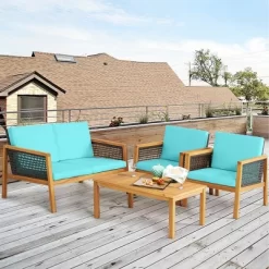Tangkula 8PCS Patio Acacia Wood Furniture Set PE Rattan Conversation Set W/ Turquoise Cushions -Tangkula GUEST f93472a8 228b 4ed6 942d 119d14bc41b4
