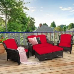 Tangkula 5 PCS Patio Rattan Sectional Sofa Set Outdoor Furniture Conversation Set Cushioned Loveseat Sofa Ottoman