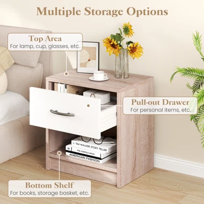 Tangkula 2 PCS Nightstand W/ Drawer Side Table W/ Slide-out Drawer Open Storage Shelf 8 Tangkula 2 PCS Nightstand W/ Drawer Side Table W/ Slide-out Drawer Open Storage Shelf - Image 6
