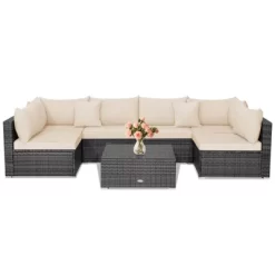Tangkula Set Of 7 Patio Wicker Furniture Set Outdoor Rattan Sectional Sofa With Seat & Back Cushions 2 Throw Pillows Mix Grey & Beige -Tangkula GUEST fa1a2e29 7e72 4d0a bf0e 21fa14ccce1a