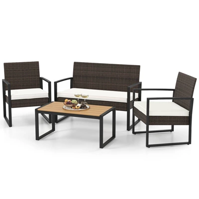 Tangkula Set Of 4 PE Rattan Patio Conversation Set Outdoor Porch Chairs Loveseat With Coffee Table And Soft Cushions Metal Frame 12 Tangkula Set Of 4 PE Rattan Patio Conversation Set Outdoor Porch Chairs Loveseat With Coffee Table And Soft Cushions Metal Frame - Image 10