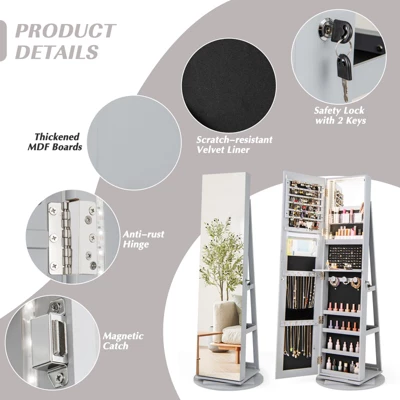 Tangkula 360° Rotating Mirrored Jewelry Cabinet Armoire 3 Color LED Modes Lockable Gray 7 Tangkula 360° Rotating Mirrored Jewelry Cabinet Armoire 3 Color LED Modes Lockable Gray - Image 5