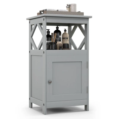 Tangkula Bathroom Floor Cabinet Single Door Storage Cabinet With Open Compartment Anti-Toppling Device Grey/White 13 Tangkula Bathroom Floor Cabinet Single Door Storage Cabinet With Open Compartment Anti-Toppling Device Grey/White - Image 11