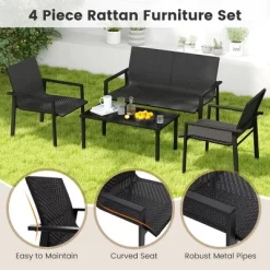 Tangkula 4 PCS Patio Furniture Set Heavy Duty Galvanized Metal Frame Wicker Table Black -Tangkula GUEST fc2ce401 002e 4427 8b04 9c49b17beee0