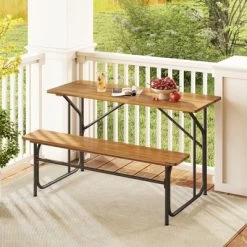 Tangkula 2PCS Table Bench Set For 2 Picnic Table & Loveseat W/Acacia Wood Top Metal Legs -Tangkula GUEST fc67582b 0ca2 47f1 b791 cfd50ac61e5e 1