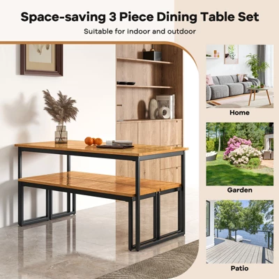 Tangkula Patio Dining Bench Set Of 2, 2-3-person Backless Bench With Slatted Seat & Metal Legs Outdoor Bench For Entryway Garden Poolside Natural 8 Tangkula Patio Dining Bench Set Of 2, 2-3-person Backless Bench With Slatted Seat & Metal Legs Outdoor Bench For Entryway Garden Poolside Natural - Image 6