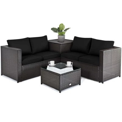 Tangkula Set Of 4 Patio Rattan Furniture Set Cushioned Loveseat Storage Table Outdoor Black 7 Tangkula Set Of 4 Patio Rattan Furniture Set Cushioned Loveseat Storage Table Outdoor Black - Image 5