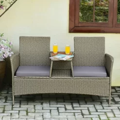 Tangkula Outdoor Patio Rattan Loveseat Sofa Double Conversation Set W/Cushion & Built-in Table -Tangkula GUEST fceac120 4bb7 4a1e 89db e5a1db61194c