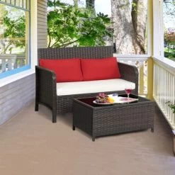 Tangkula 2PCS Patio Rattan Furniture Set Loveseat W/Coffee Table For Garden Porch Backyard Brown -Tangkula GUEST fd234e6d 5635 428d 8be4 77927f1642df
