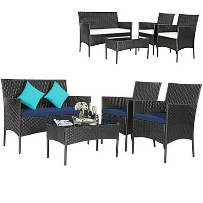 Tangkula 4PCS Outdoor Furniture Set Patio Rattan Conversation Set W/ Navy & Off White Cushion 7 Tangkula 4PCS Outdoor Furniture Set Patio Rattan Conversation Set W/ Navy & Off White Cushion - Image 5