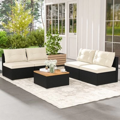 Tangkula 5 Pieces Outdoor Patio Furniture Set Sectional PE Rattan Sofa Set With Cushions And Acacia Wood Coffee Table 3 Tangkula 5 Pieces Outdoor Patio Furniture Set Sectional PE Rattan Sofa Set With Cushions And Acacia Wood Coffee Table