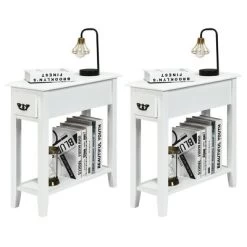 Tangkula Set Of 2 White 2 Tier Narrow Nightstand End Bedside Sofa Side Table W/ Drawer & Shelf -Tangkula GUEST fd6c41b5 d7a3 4e05 8e32 135ecdb8ed91