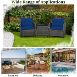 Tangkula 3PCS Patio Rattan Sofa Set Outdoor Wicker Conversation Set Glass Tabletop W/ Navy Cushion -Tangkula GUEST fe307bbb 09cf 43b6 ba61 9ce08c87b9ca