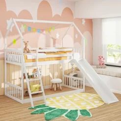 Tangkula Twin Over Twin House Bunk Bed W/ Slide Solid Wood Low Bunk Bed For Kids White 13 Tangkula Twin Over Twin House Bunk Bed W/ Slide Solid Wood Low Bunk Bed For Kids White -Tangkula GUEST fe4108cc dc6c 4c32 bf6b d516ac9d2c6b