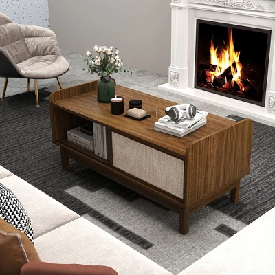 Tangkula Rectangular Coffee Table W/ Storage Weaving Sliding Door & Adjustable Shelf 4 Tangkula Rectangular Coffee Table W/ Storage Weaving Sliding Door & Adjustable Shelf - Image 2