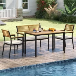Tangkula Set Of 4 Patio Furniture Set Outdoor Dining Chair Set For 4 W/Acacia Wood & Metal Frame Umbrella Hole 1 Table 2 Armchairs 1 Bench -Tangkula GUEST ff09be61 42f9 4e49 9c0e 213bc383b610