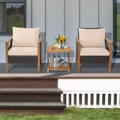 Tangkula 3 Pieces PE Wicker Patio Bistro Set Outdoor Acacia Wood Conversation Set With Cushions And 2-Tier Coffee Table
