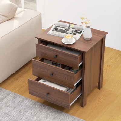 Tangkula 3-Drawer Nightstand Wooden Bedside Table Modern Side End Table Walnut 4 Tangkula 3-Drawer Nightstand Wooden Bedside Table Modern Side End Table Walnut - Image 3