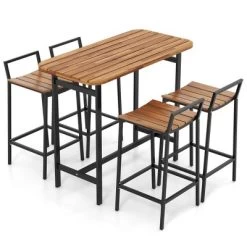 Tangkula Acacia Wood Patio Table & Chair Set 5 Pcs Outdoor Dining Set W/ 1 Table & 4 Bar Height Chairs