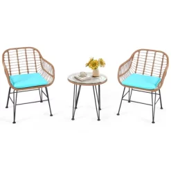 Tangkula 3PCS Patio Rattan Furniture Set With Round Tempered Glass Top Table & 2 Rattan Armchairs White/Turquoise/Red -Tangkula GUEST fff2abd0 2df8 4e6f a495 9af867b709e7
